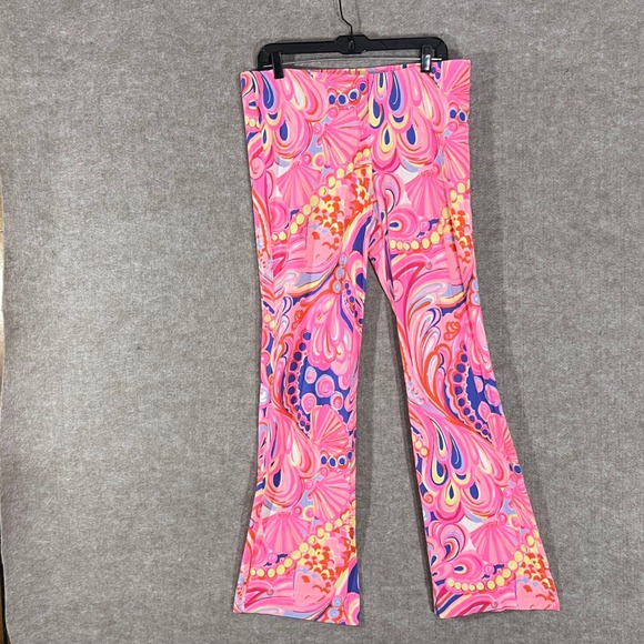 Lilly Pulitzer Pants - Lilly Pulitzer Reef Retreat Casual Flare Pants L Pink Blue Shell Print Stretch